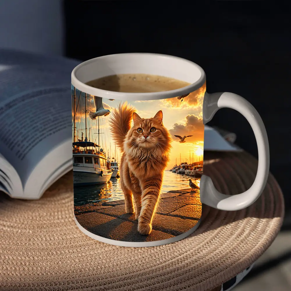 Orange Cat Walking Marina at Golden Sunset – Mugs