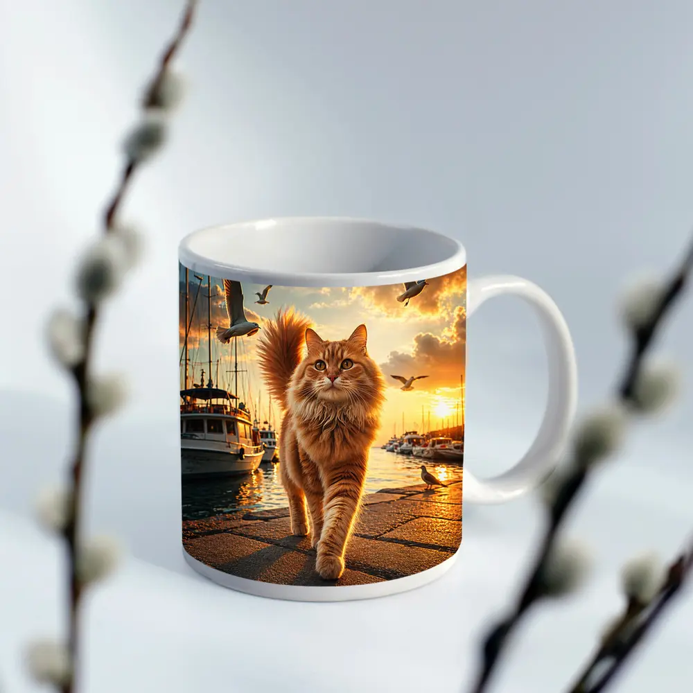 Orange Cat Walking Marina at Golden Sunset – Mugs