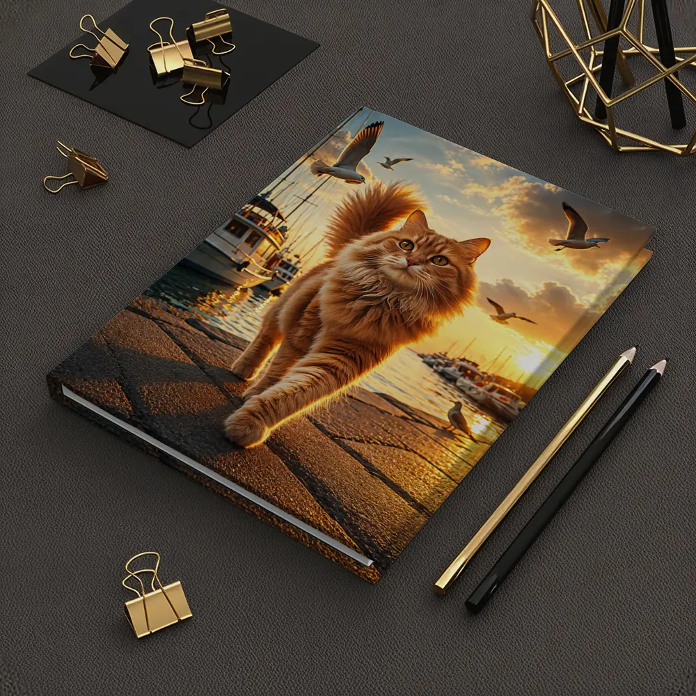 Orange Cat Walking Marina at Golden Sunset – Notebooks