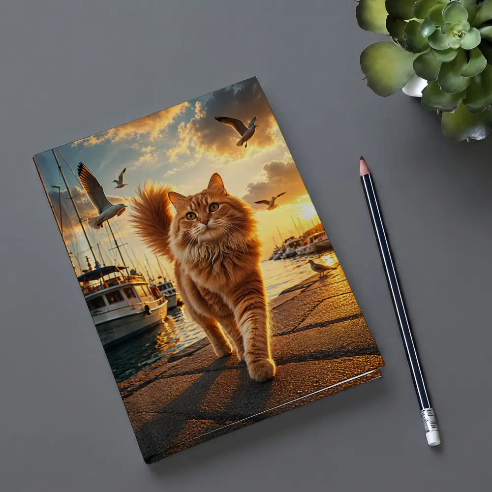 Orange Cat Walking Marina at Golden Sunset – Notebooks