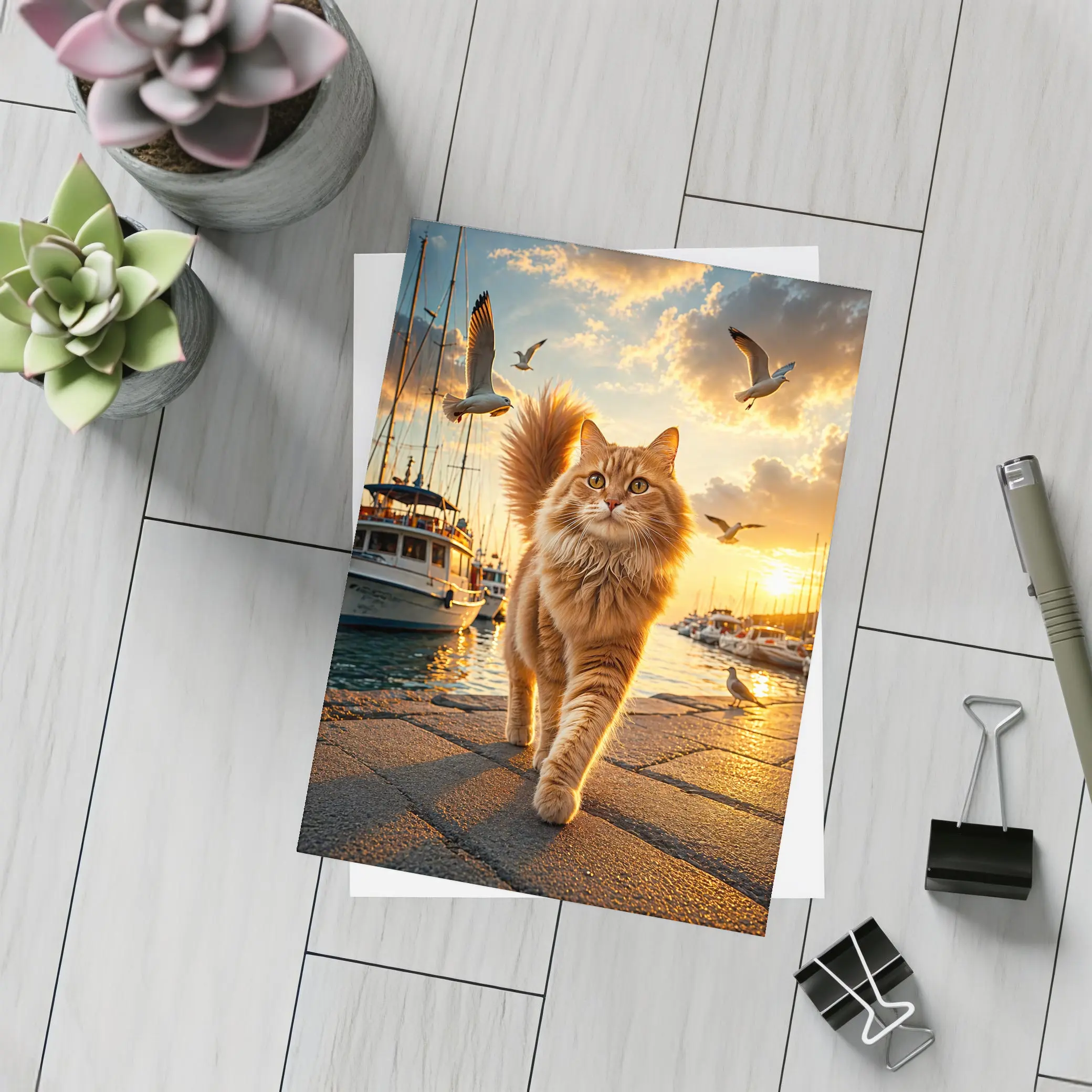 Orange Cat Walking Marina at Golden Sunset – Postcards