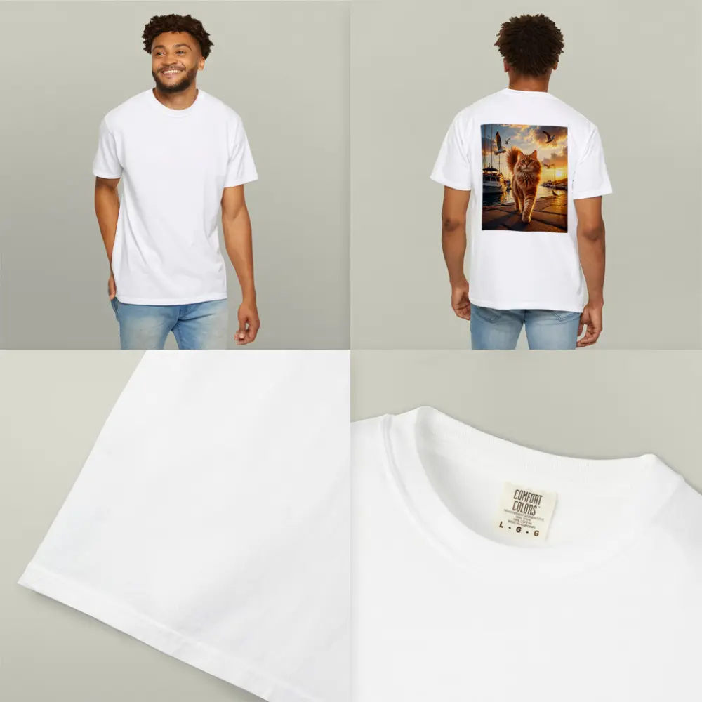 Orange Cat Walking Marina at Golden Sunset – T-Shirts