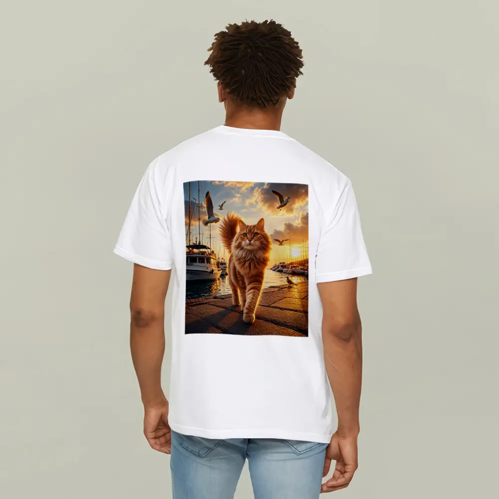 Orange Cat Walking Marina at Golden Sunset – T-Shirts