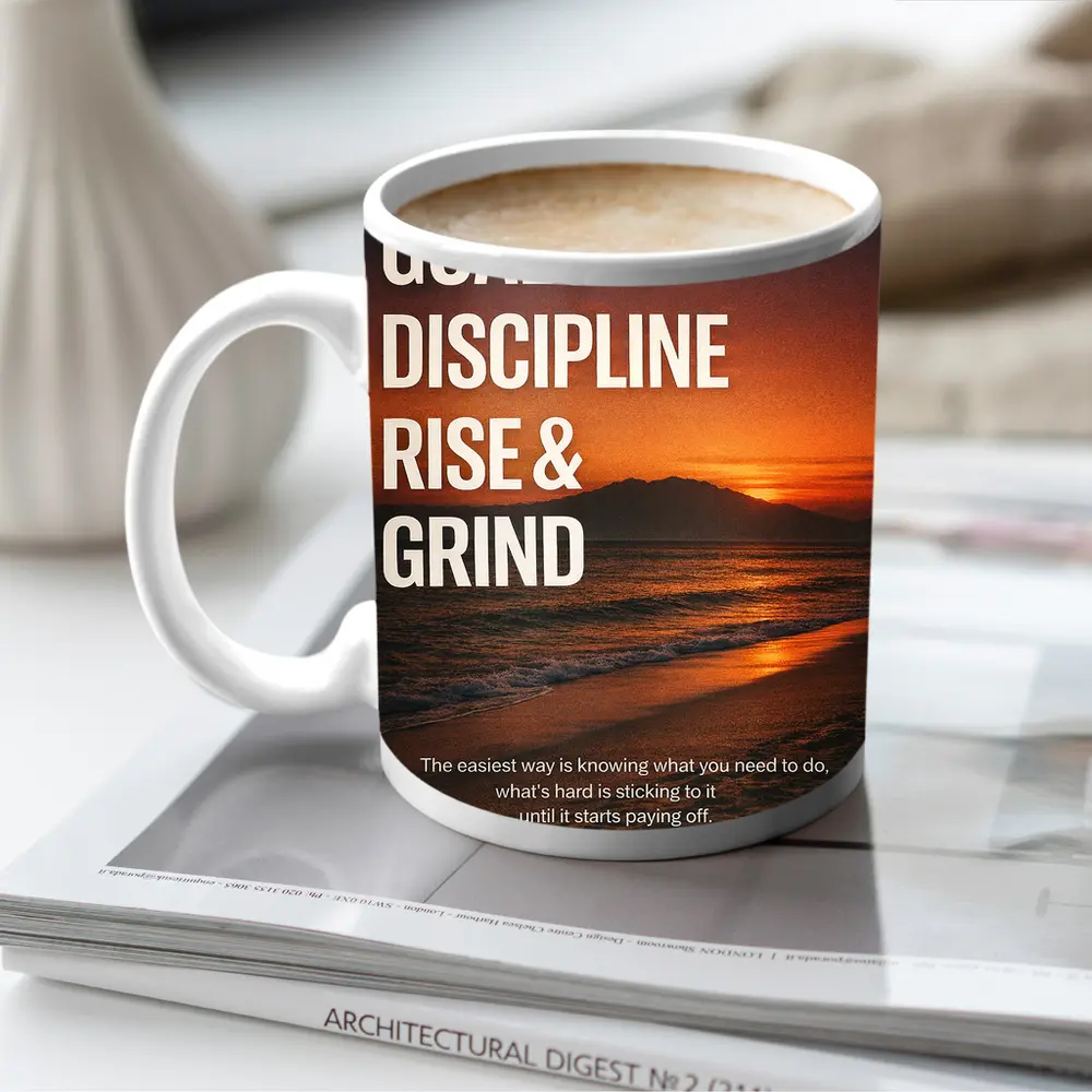 Goals Discipline Rise Grind Sunset Motivational – Mugs