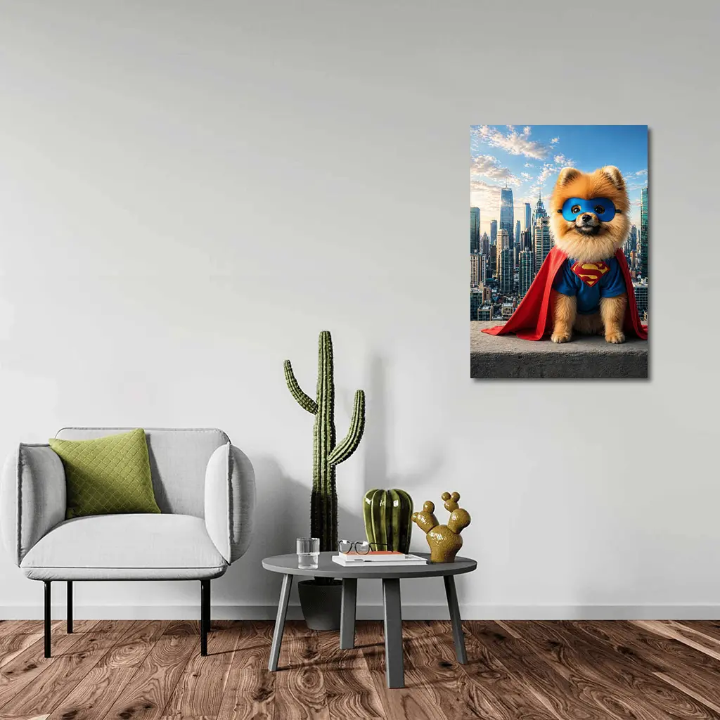 Pomeranian Superman Costume City Skyline – Wall Art
