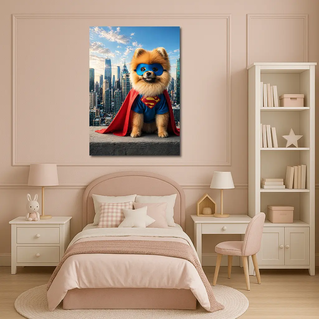 Pomeranian Superman Costume City Skyline – Wall Art