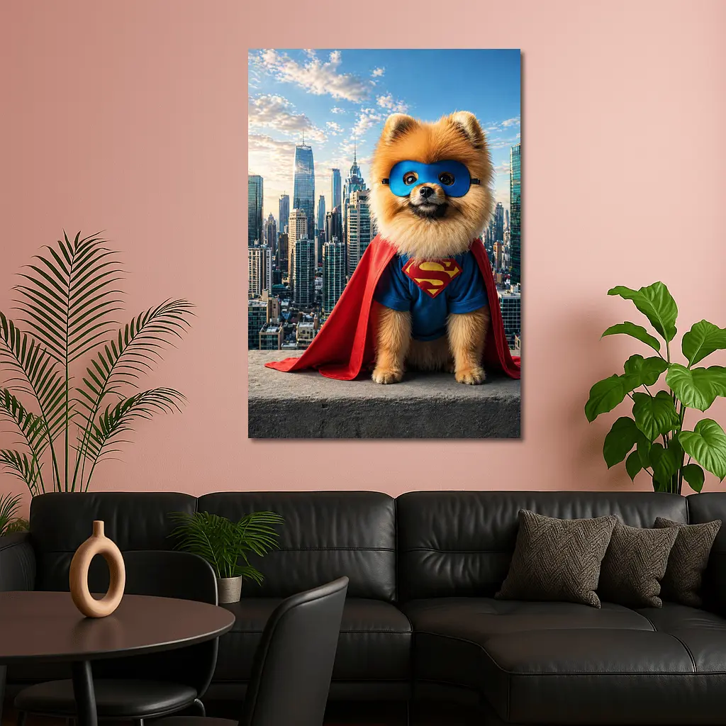 Pomeranian Superman Costume City Skyline – Wall Art