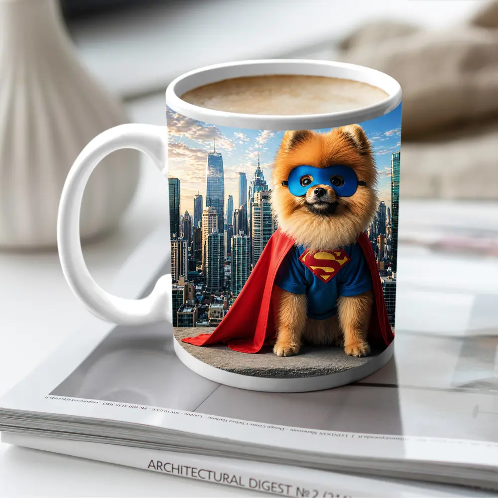 Pomeranian Superman Costume City Skyline – Mugs