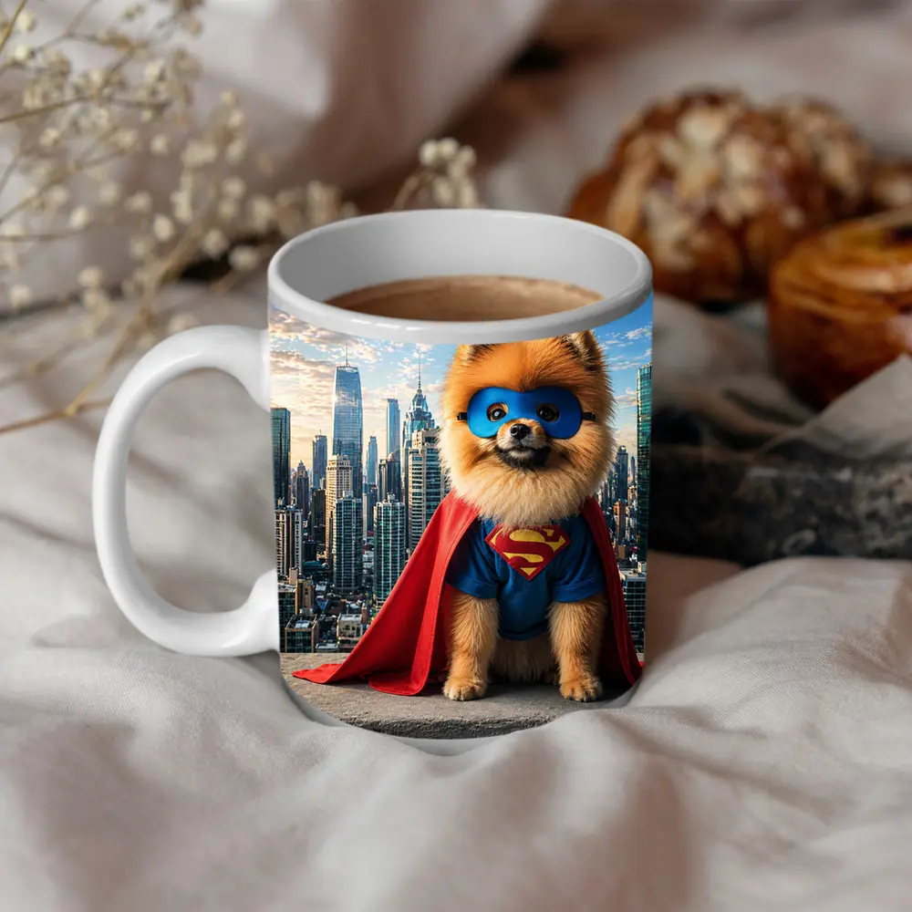 Pomeranian Superman Costume City Skyline – Mugs
