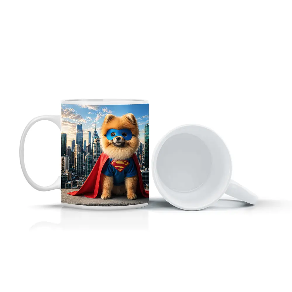 Pomeranian Superman Costume City Skyline – Mugs