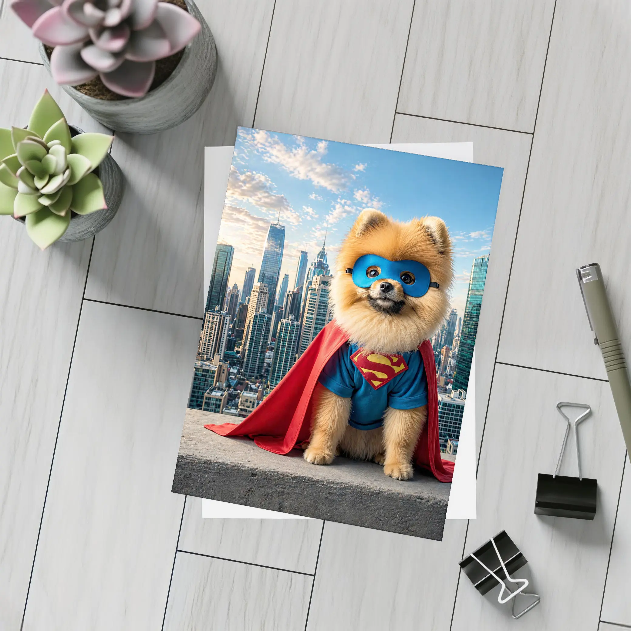 Pomeranian Superman Costume City Skyline – Postcards