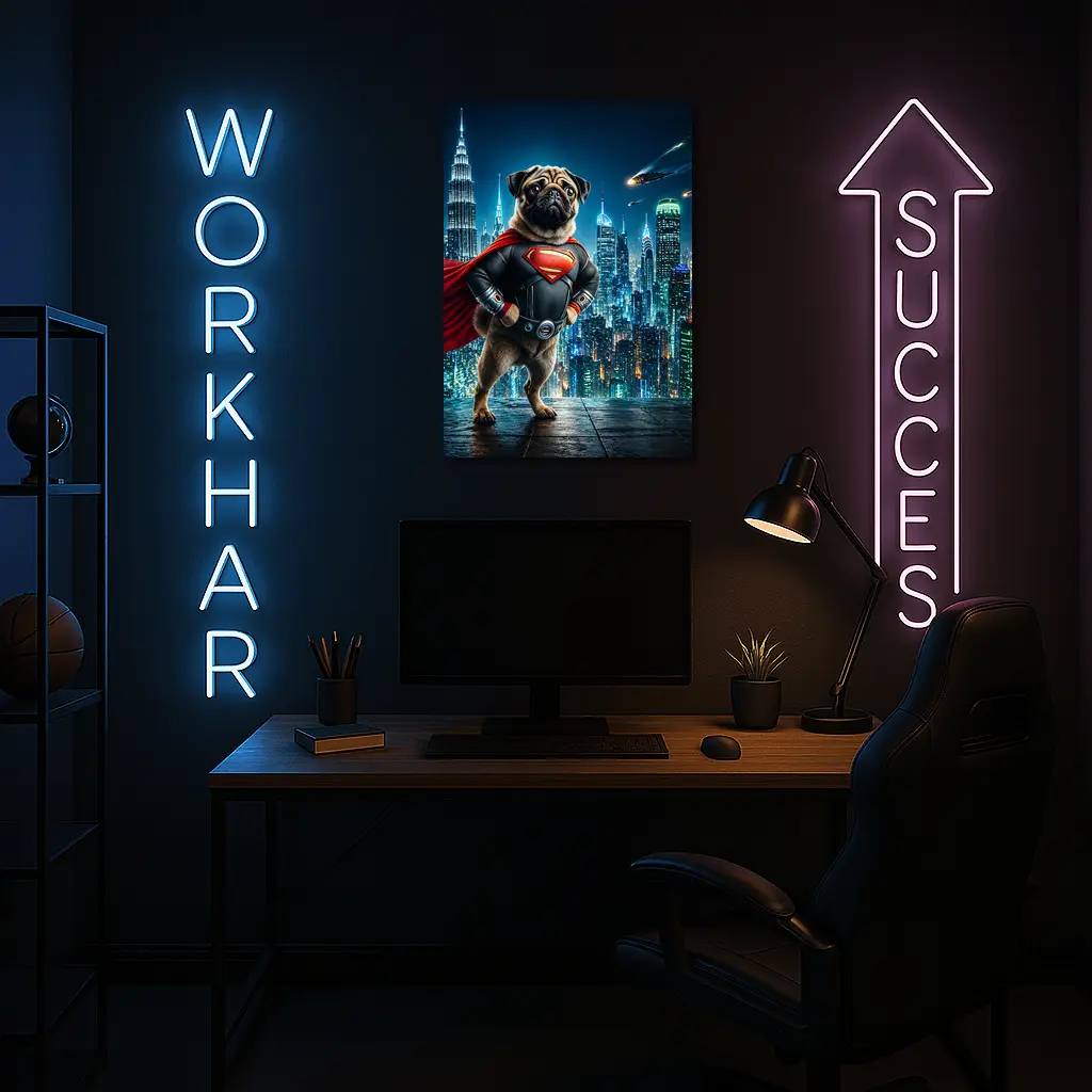 Pug Superman Hero Futuristic City Night – Wall Art