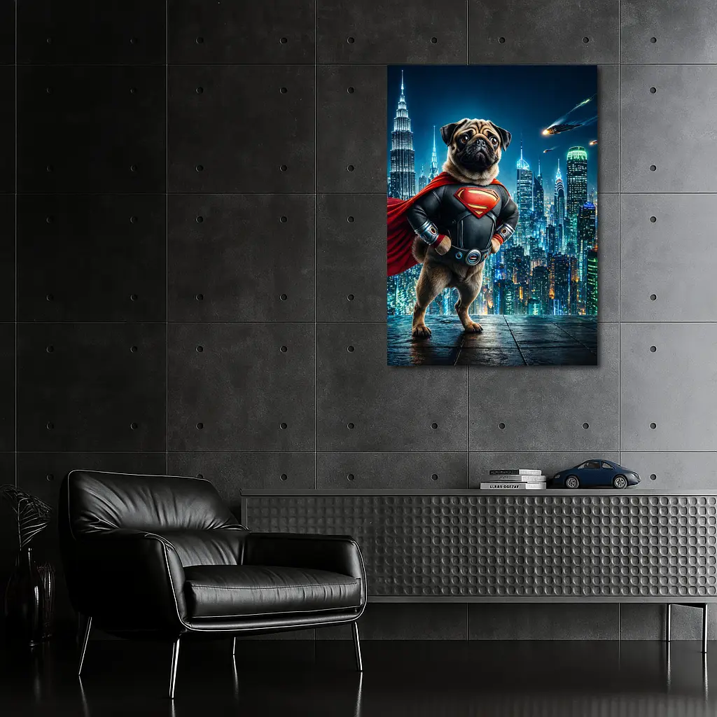 Pug Superman Hero Futuristic City Night – Wall Art