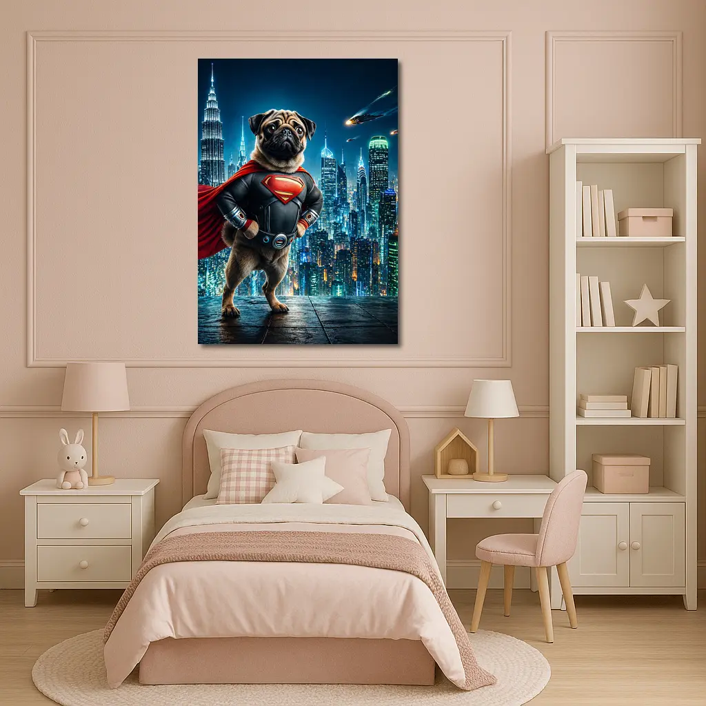 Pug Superman Hero Futuristic City Night – Wall Art