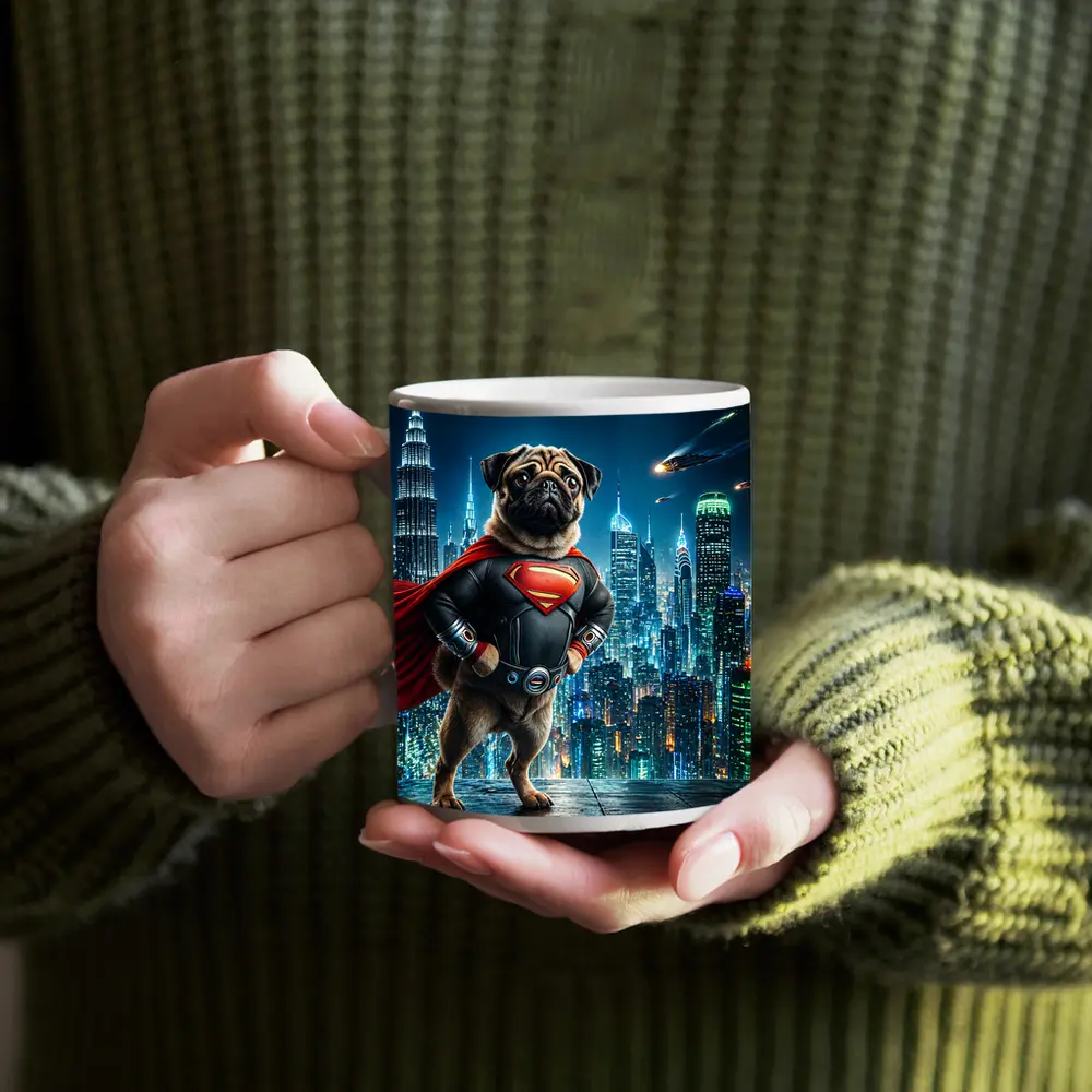 Pug Superman Hero Futuristic City Night – Mugs