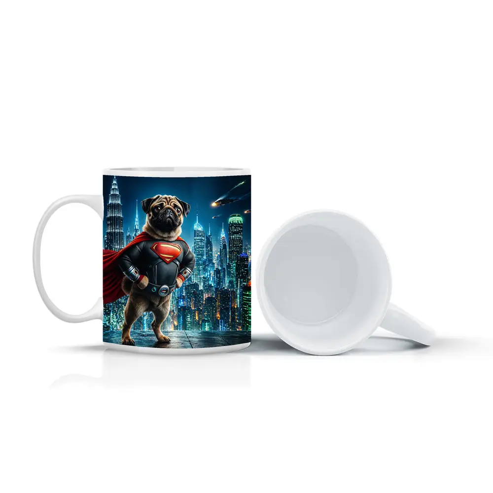 Pug Superman Hero Futuristic City Night – Mugs