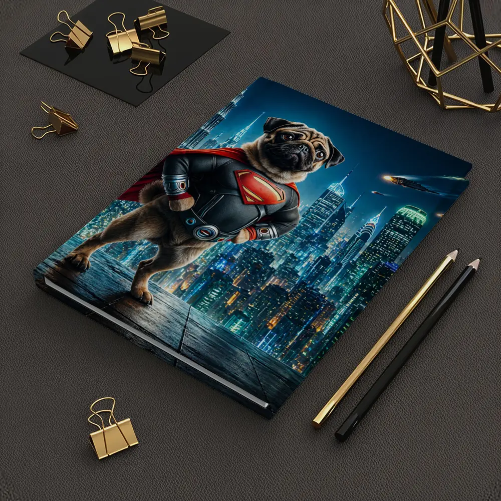 Pug Superman Hero Futuristic City Night – Notebooks