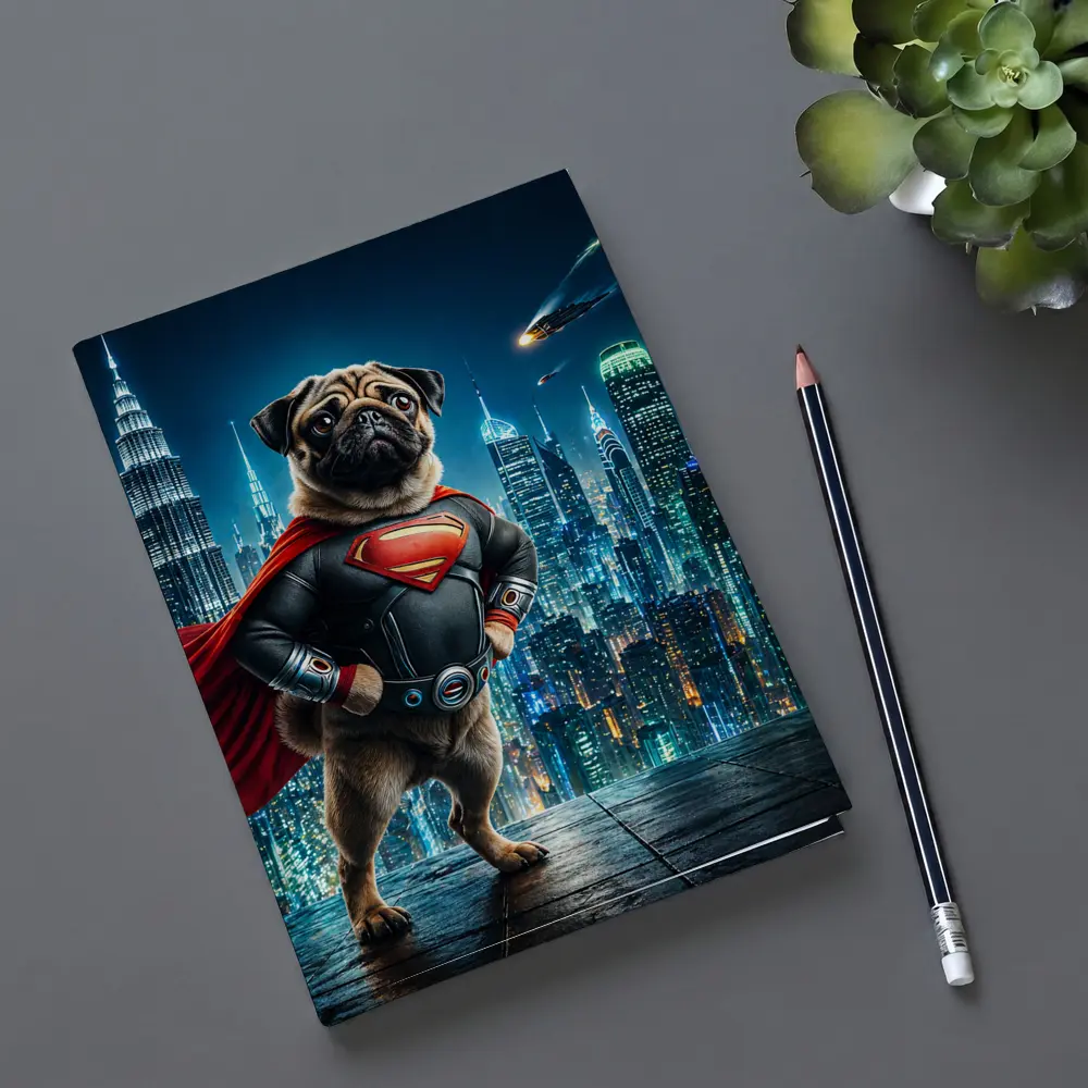 Pug Superman Hero Futuristic City Night – Notebooks