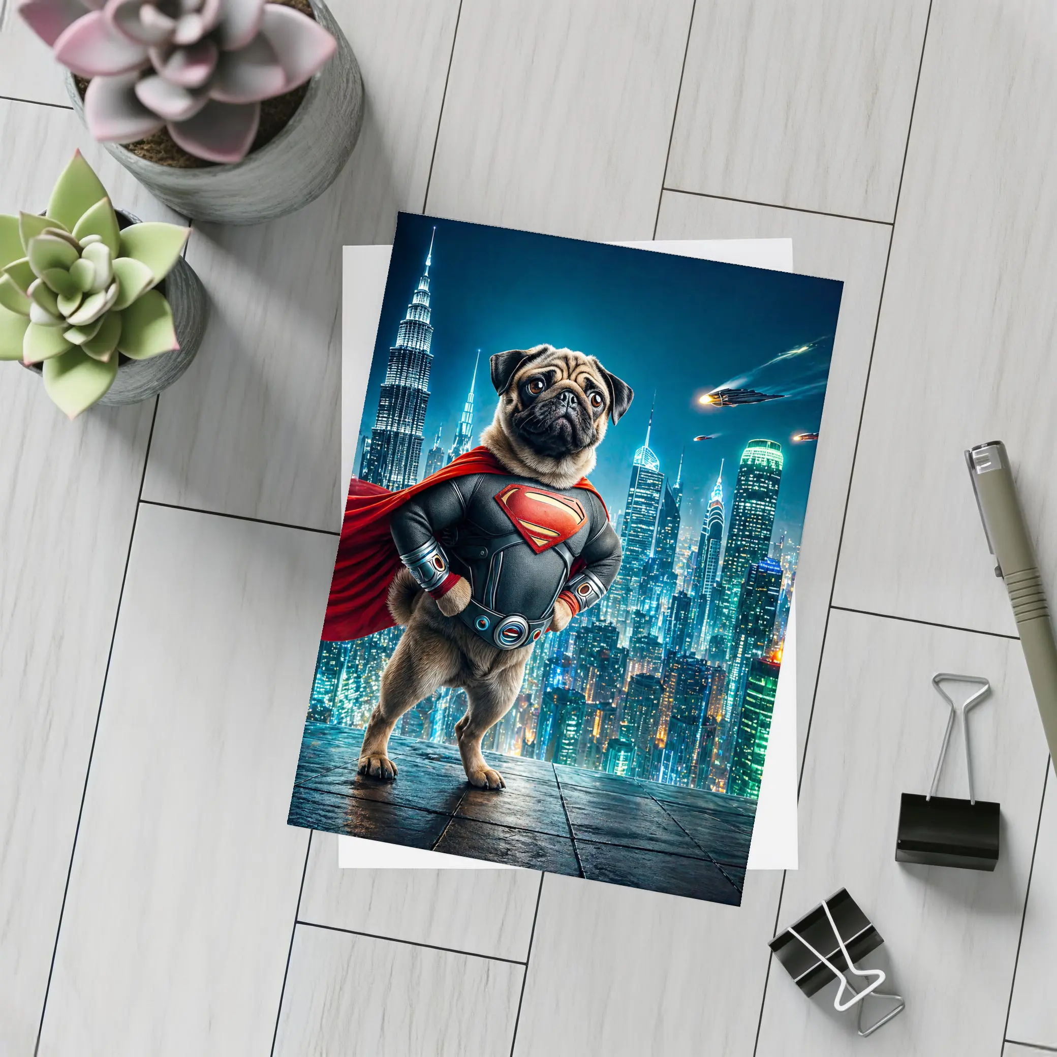 Pug Superman Hero Futuristic City Night – Postcards