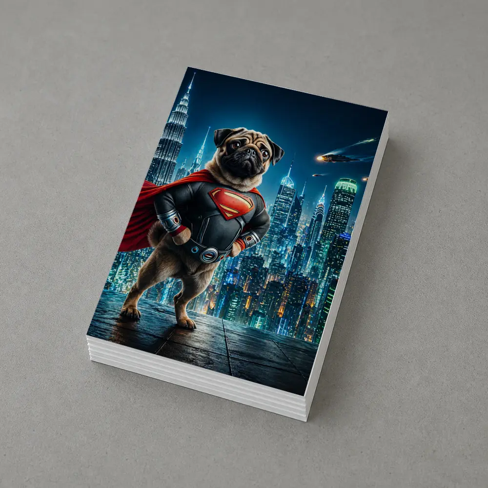 Pug Superman Hero Futuristic City Night – Postcards