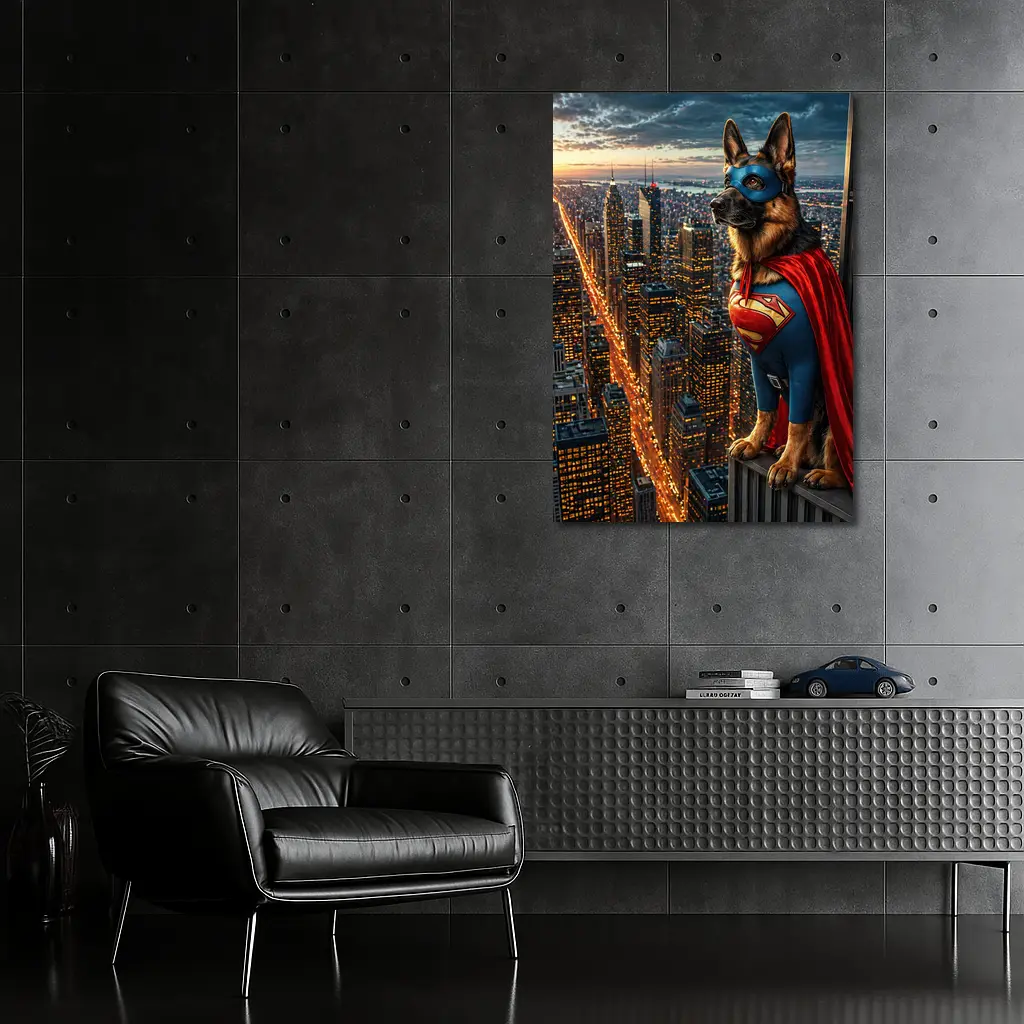 German Shepherd Superman Hero City Night – Wall Art