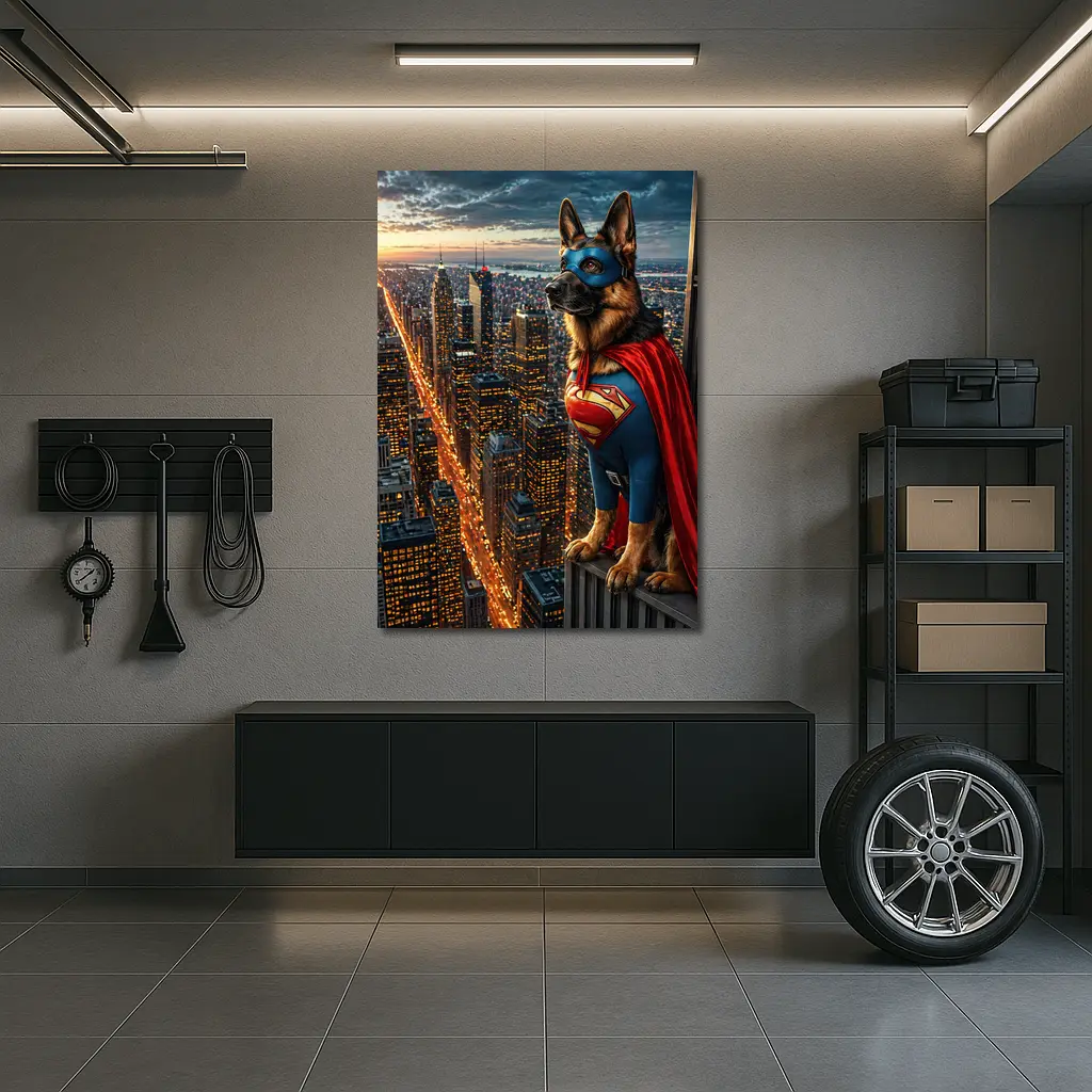 German Shepherd Superman Hero City Night – Wall Art