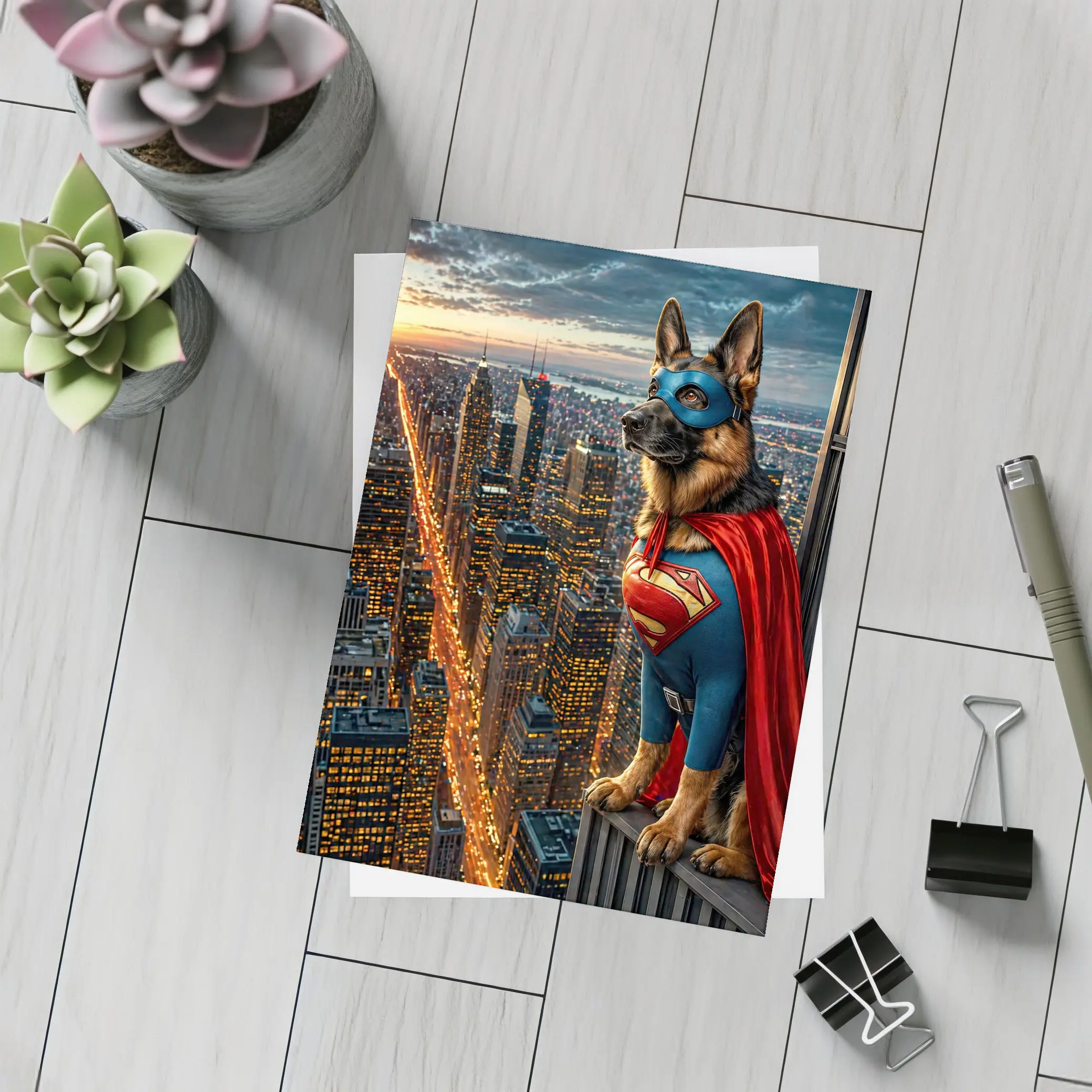 German Shepherd Superman Hero City Night – Postcards
