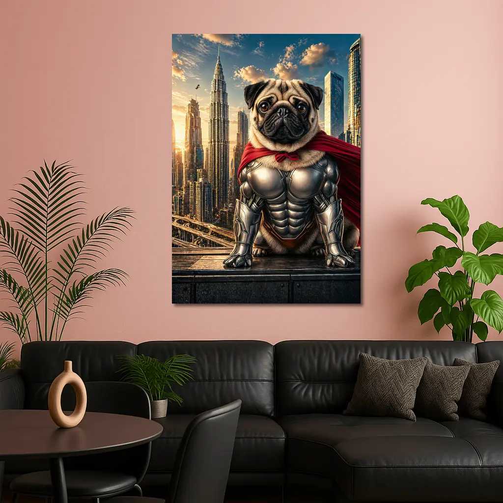 Superhero Pug in Armor City Skyline – Wall Art