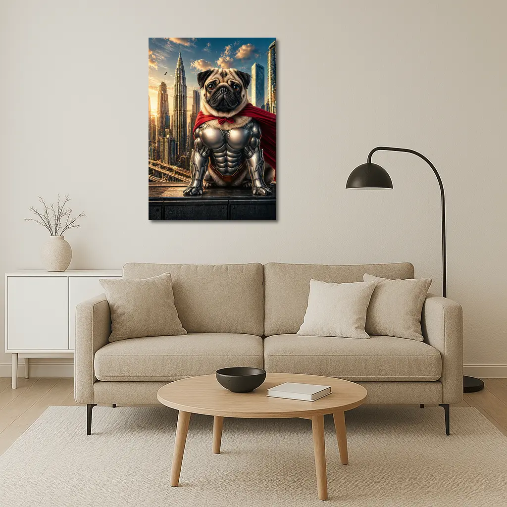 Superhero Pug in Armor City Skyline – Wall Art