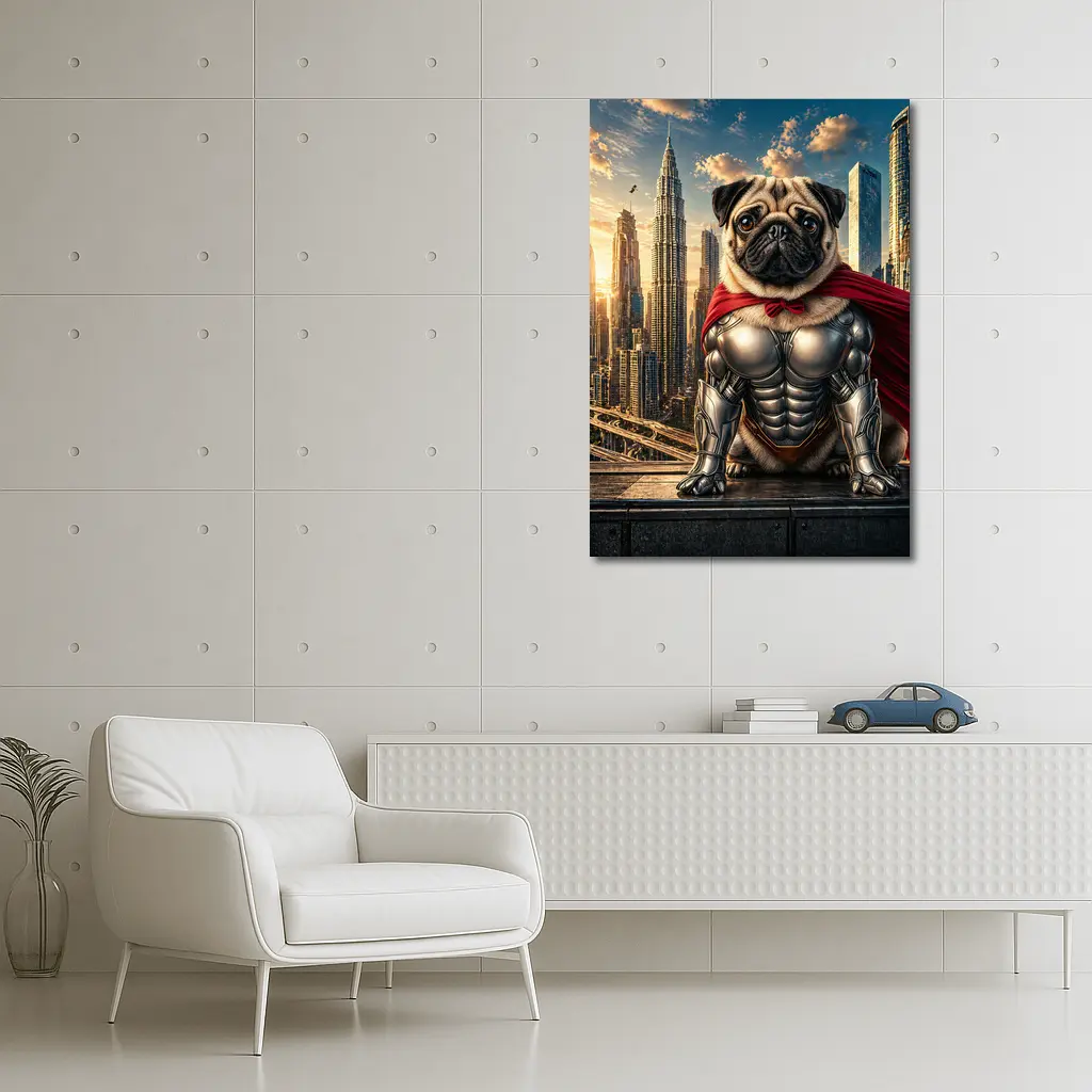 Superhero Pug in Armor City Skyline – Wall Art