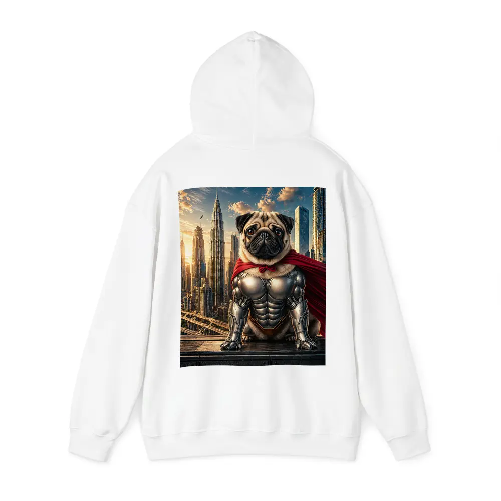 Superhero Pug in Armor City Skyline – Hoodies