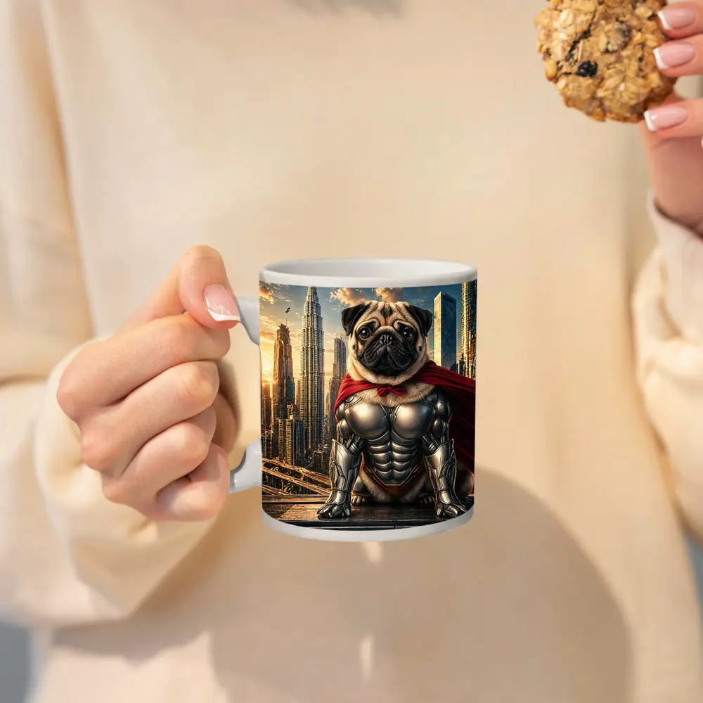 Superhero Pug in Armor City Skyline – Mugs