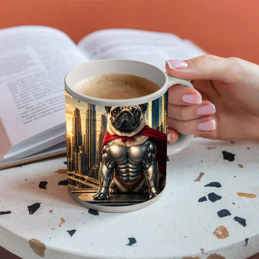 Superhero Pug in Armor City Skyline – Mugs