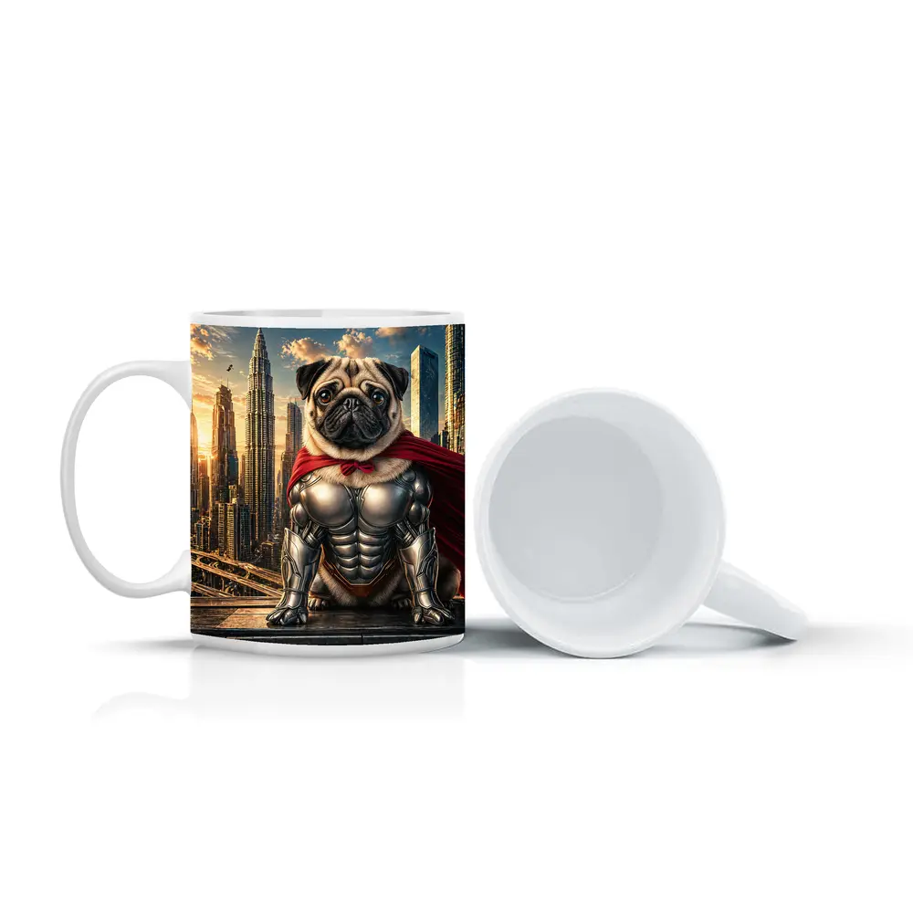 Superhero Pug in Armor City Skyline – Mugs