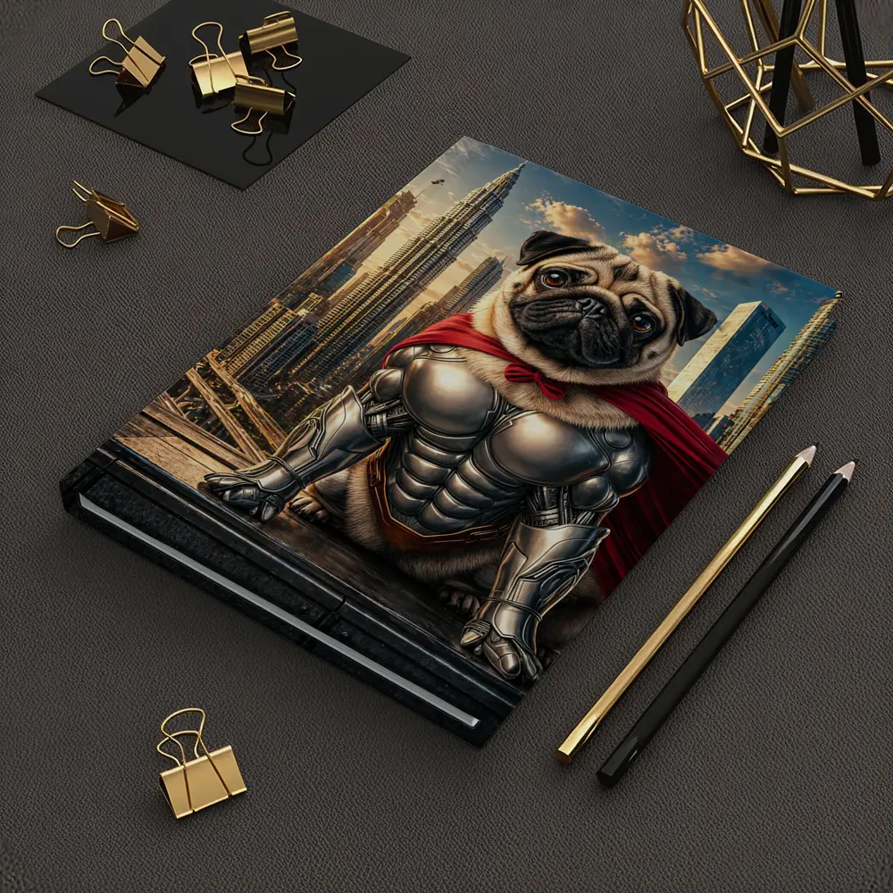 Superhero Pug in Armor City Skyline – Notebooks