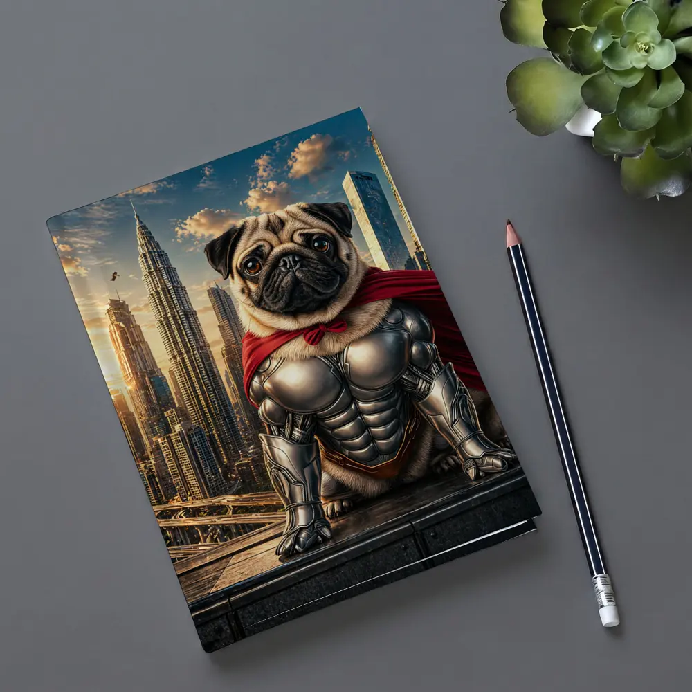 Superhero Pug in Armor City Skyline – Notebooks