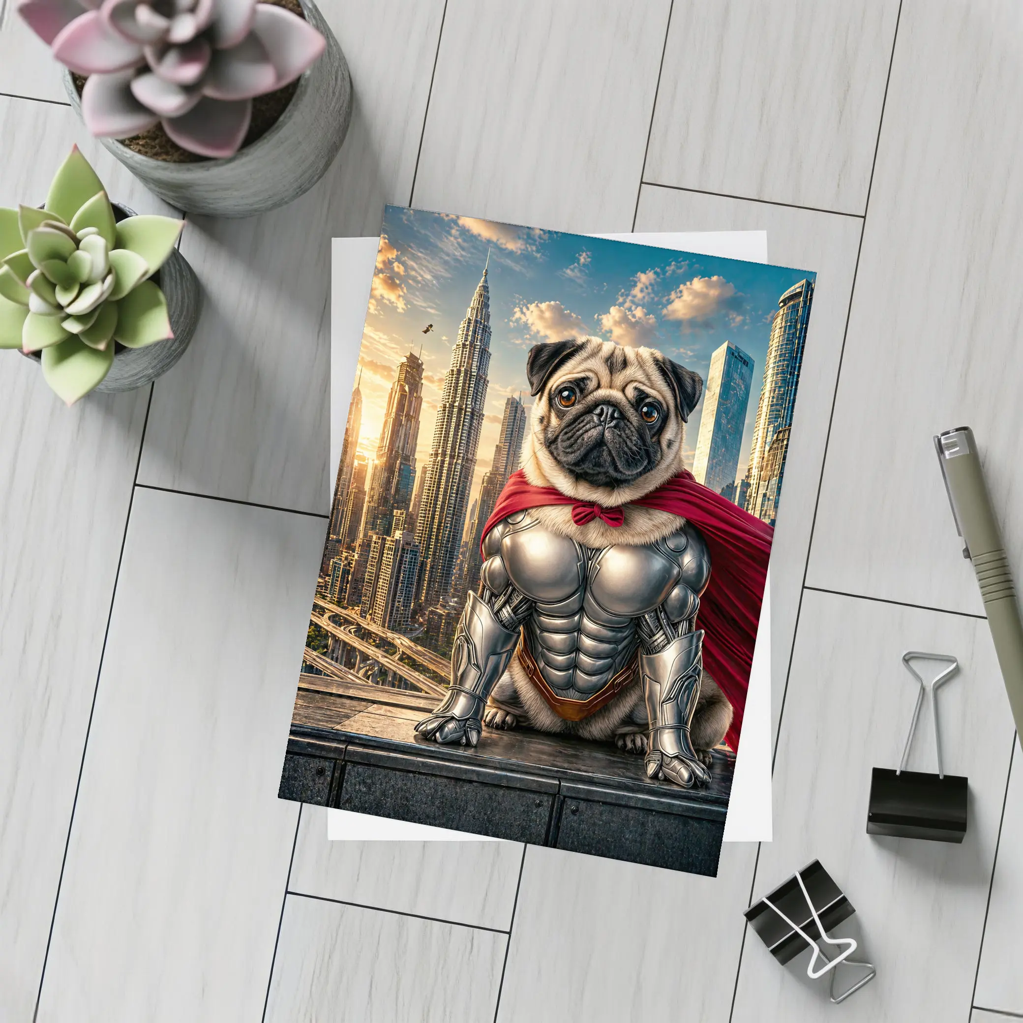 Superhero Pug in Armor City Skyline – Postcards
