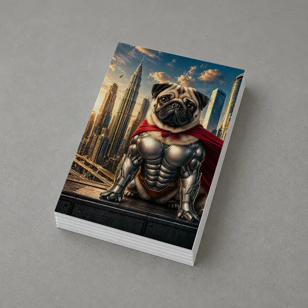 Superhero Pug in Armor City Skyline – Postcards