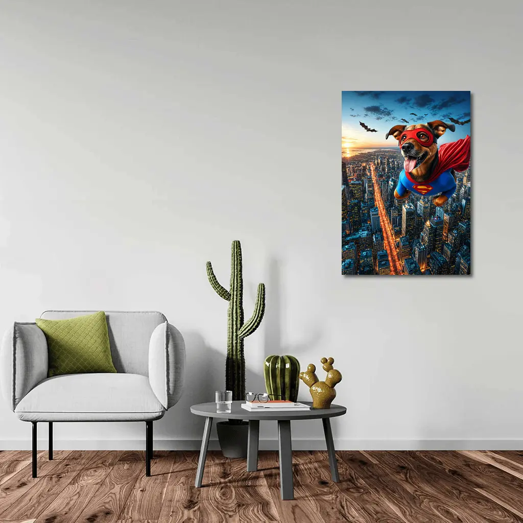 Superhero Dog Flying Over City Skyline – Wall Art