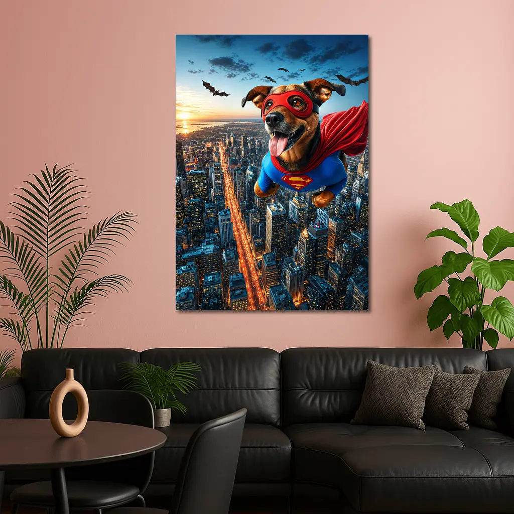 Superhero Dog Flying Over City Skyline – Wall Art