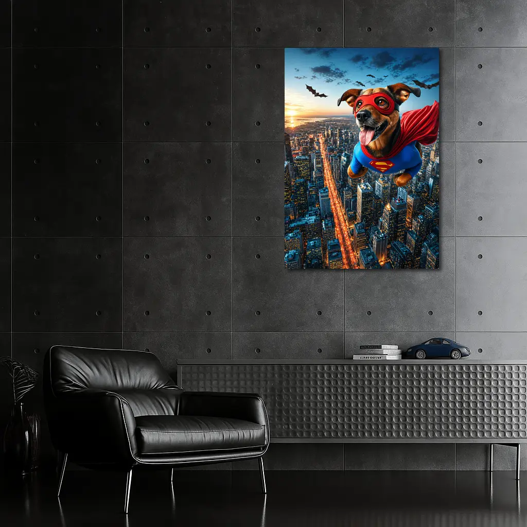 Superhero Dog Flying Over City Skyline – Wall Art