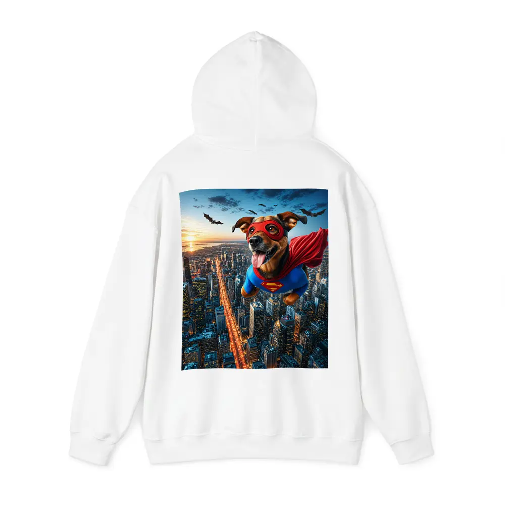 Superhero Dog Flying Over City Skyline – Hoodies