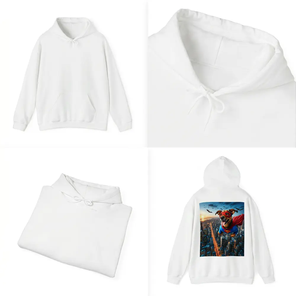 Superhero Dog Flying Over City Skyline – Hoodies