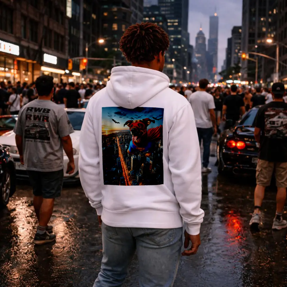 Superhero Dog Flying Over City Skyline – Hoodies