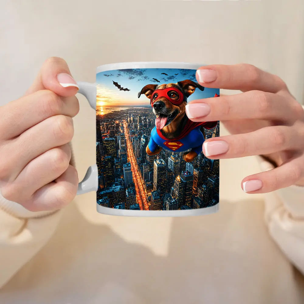 Superhero Dog Flying Over City Skyline – Mugs