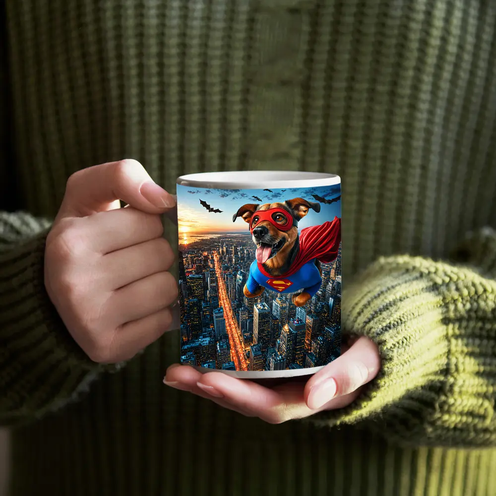 Superhero Dog Flying Over City Skyline – Mugs