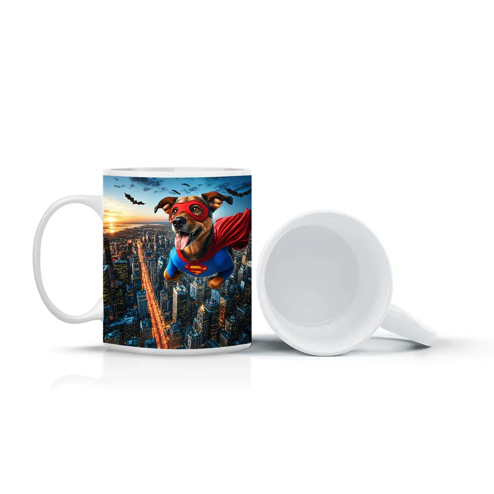 Superhero Dog Flying Over City Skyline – Mugs