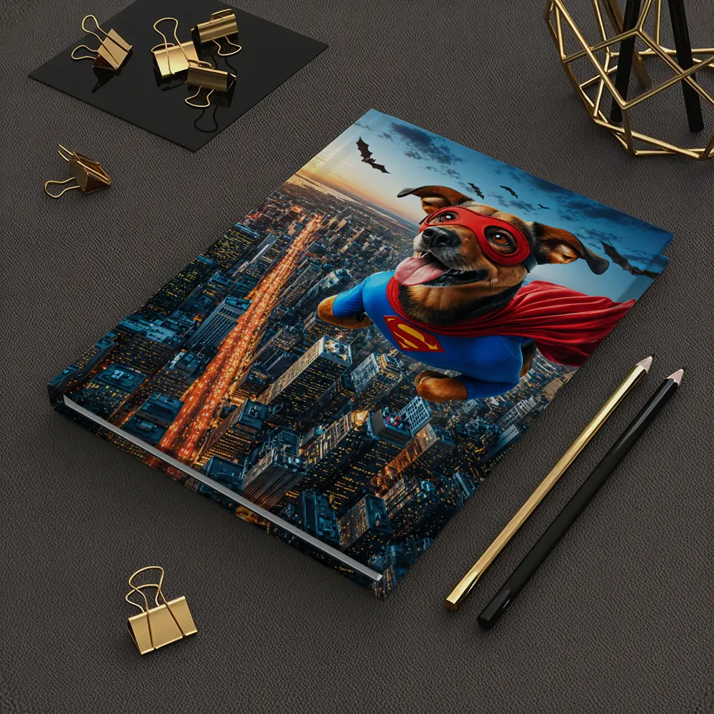 Superhero Dog Flying Over City Skyline – Notebooks