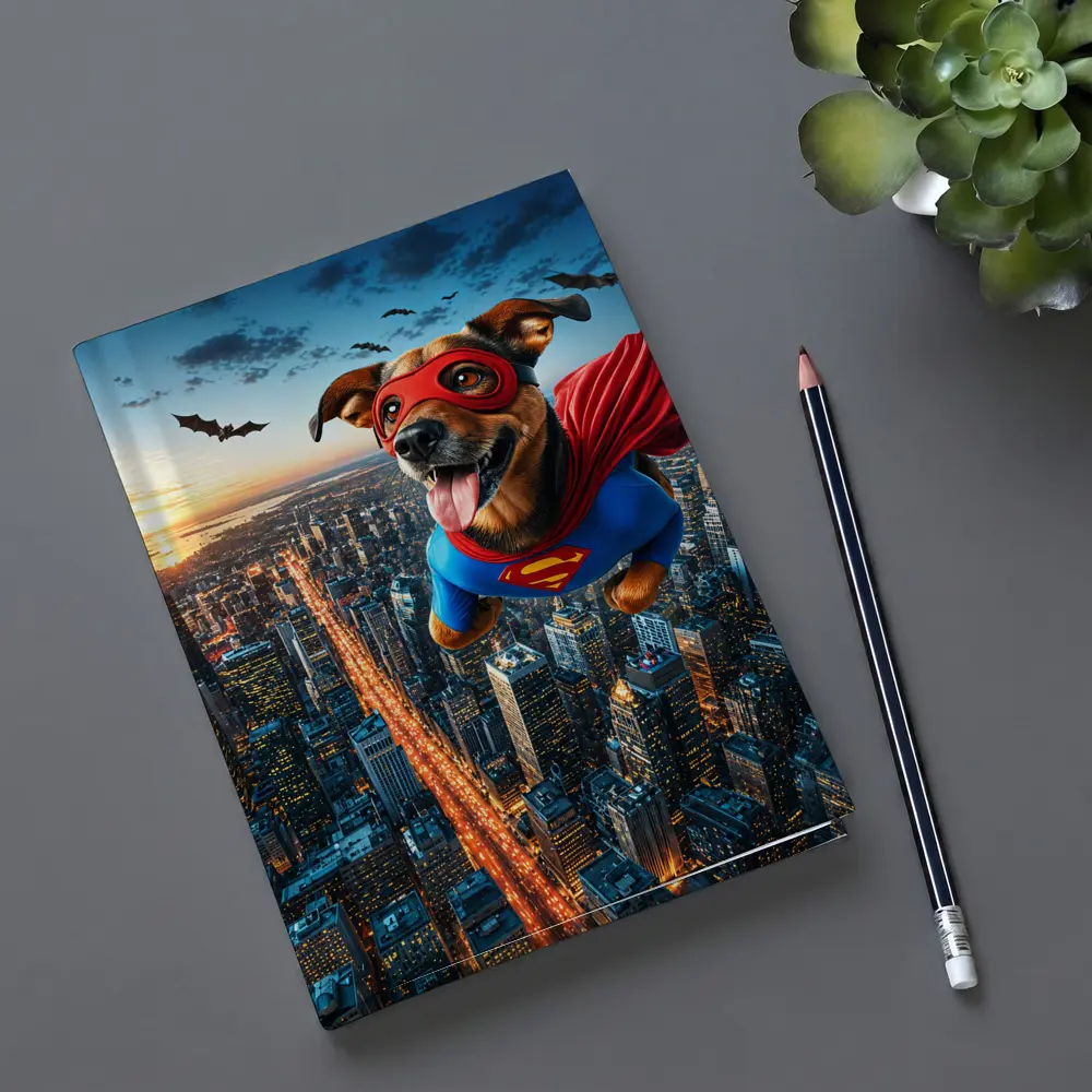 Superhero Dog Flying Over City Skyline – Notebooks