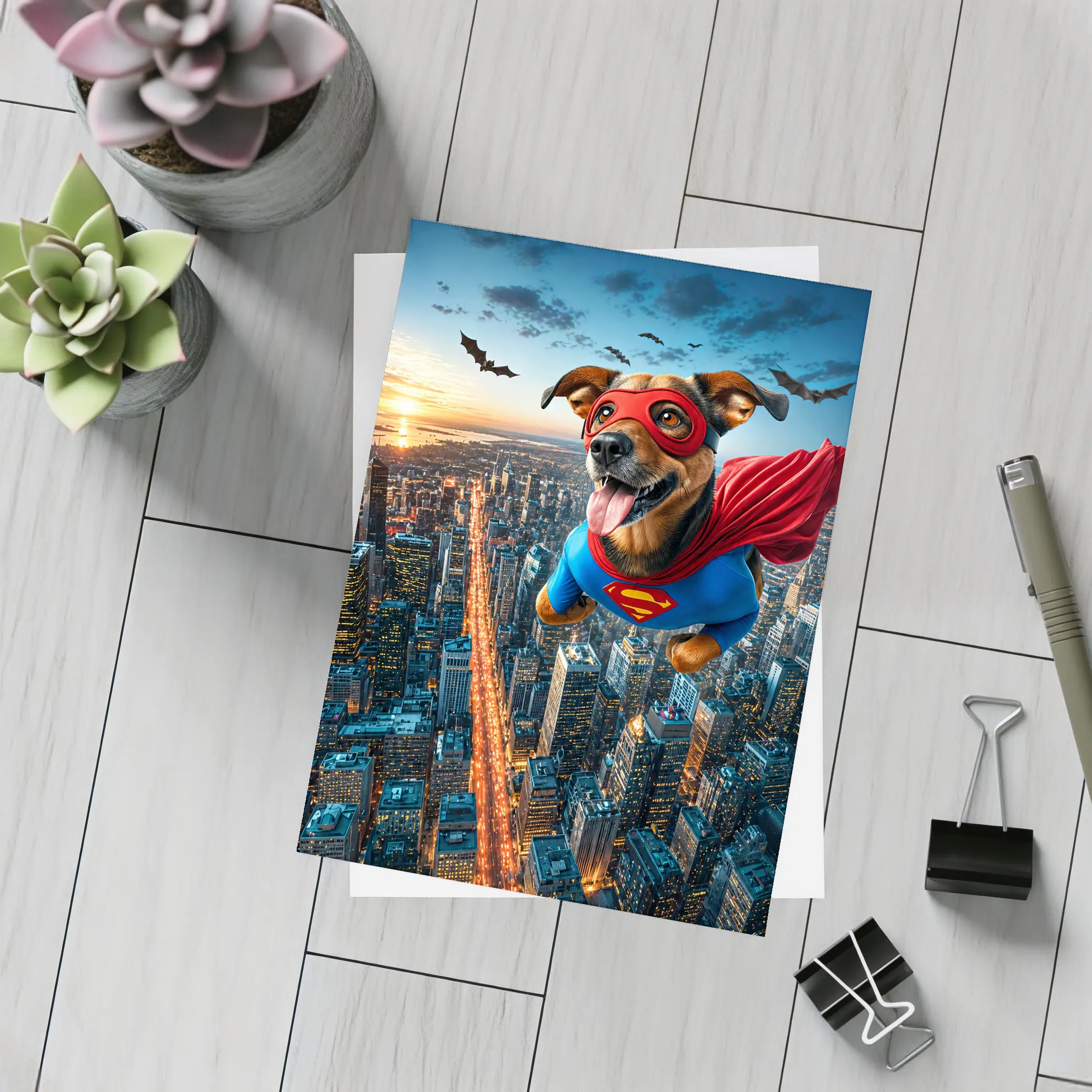 Superhero Dog Flying Over City Skyline – Postcards